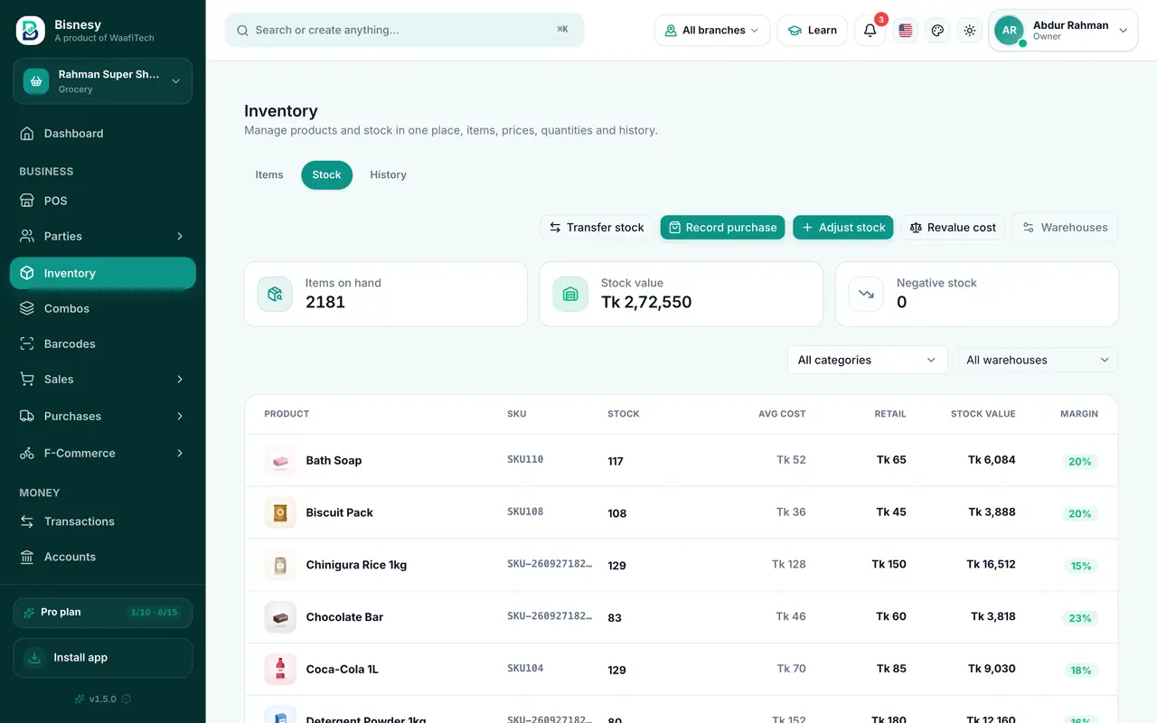 The Bisnesy inventory screen showing a product's running stock history, movement by movement