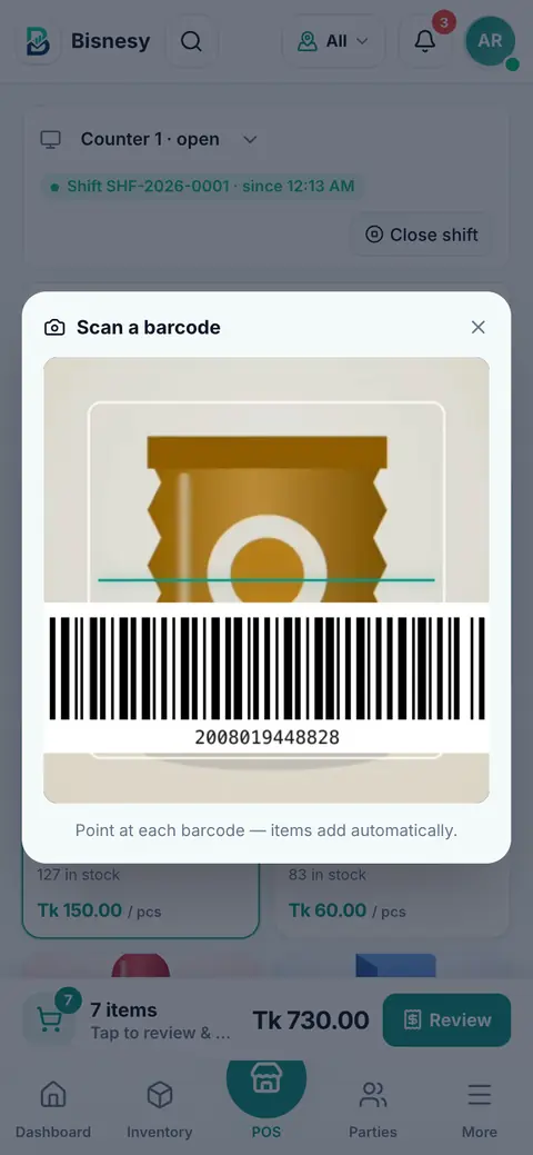 Scanning a product barcode with the phone camera inside Bisnesy