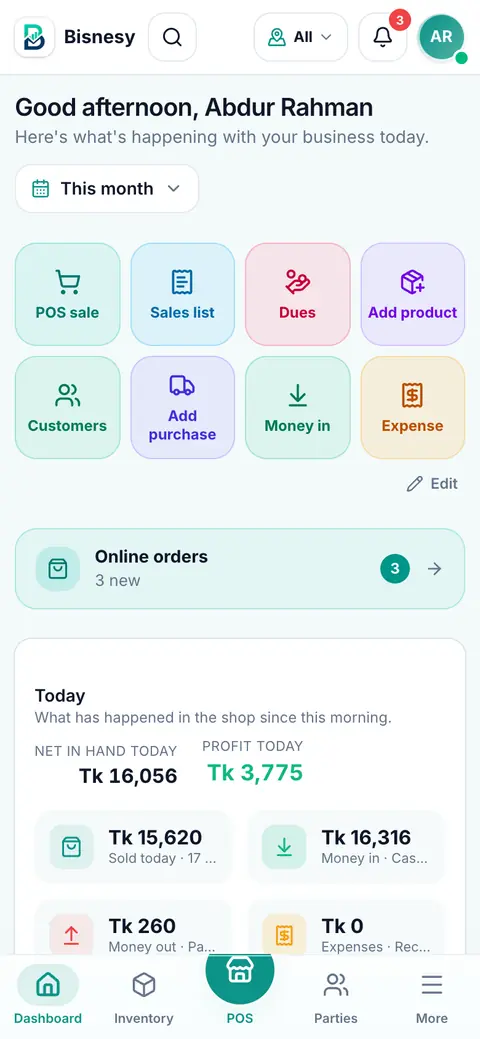 The Bisnesy dashboard on a phone showing money to receive and this month's sales