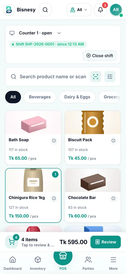 The Bisnesy mobile billing sheet with items, quantities and the total