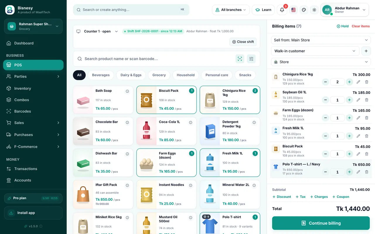 The Bisnesy point of sale with a product grid, a live billing panel and the running total