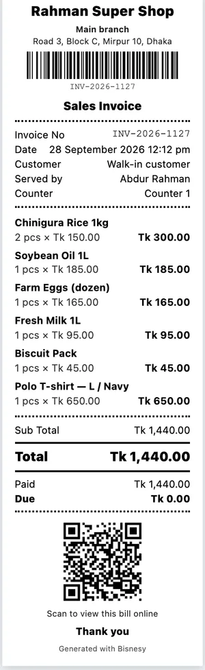 A thermal receipt printed from a sale in Bisnesy